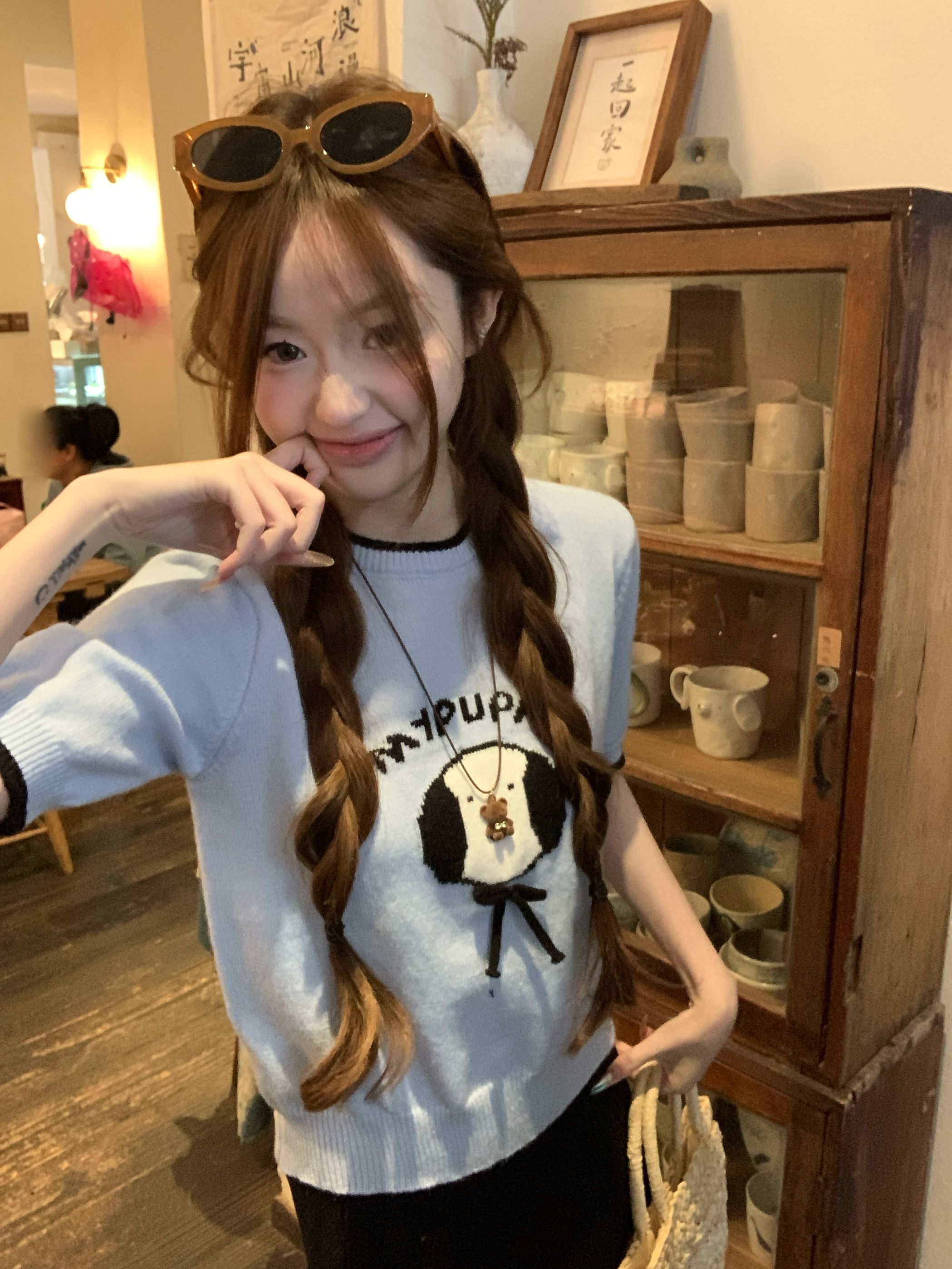 Real photo of early autumn bow puppy thin sweater for women with round neck slim short-sleeved T-shirt top
