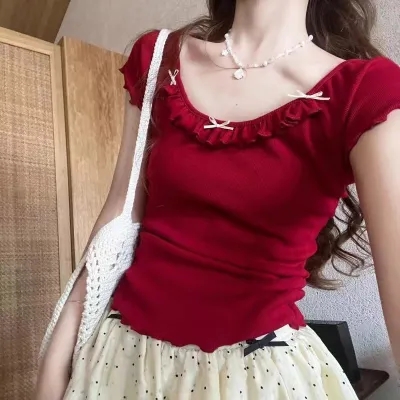 夏季新款甜美減齡木耳邊蝴蝶結顯瘦短袖上衣女