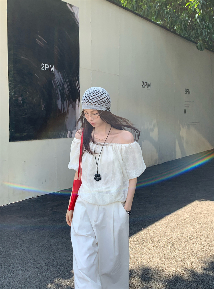 Real photo Korean simple and tricky beads and two-piece tops versatile floor-moving wide-leg pants suit