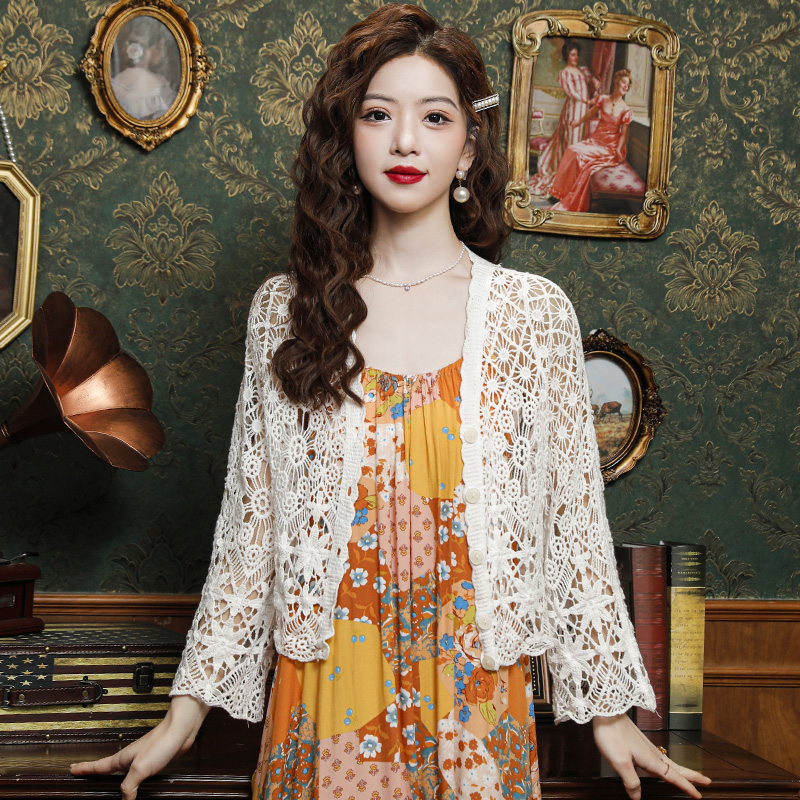Lace hollow knitted cardigan jacket 2025 spring and summer new long-sleeved thin solid color exterior matching sun protection