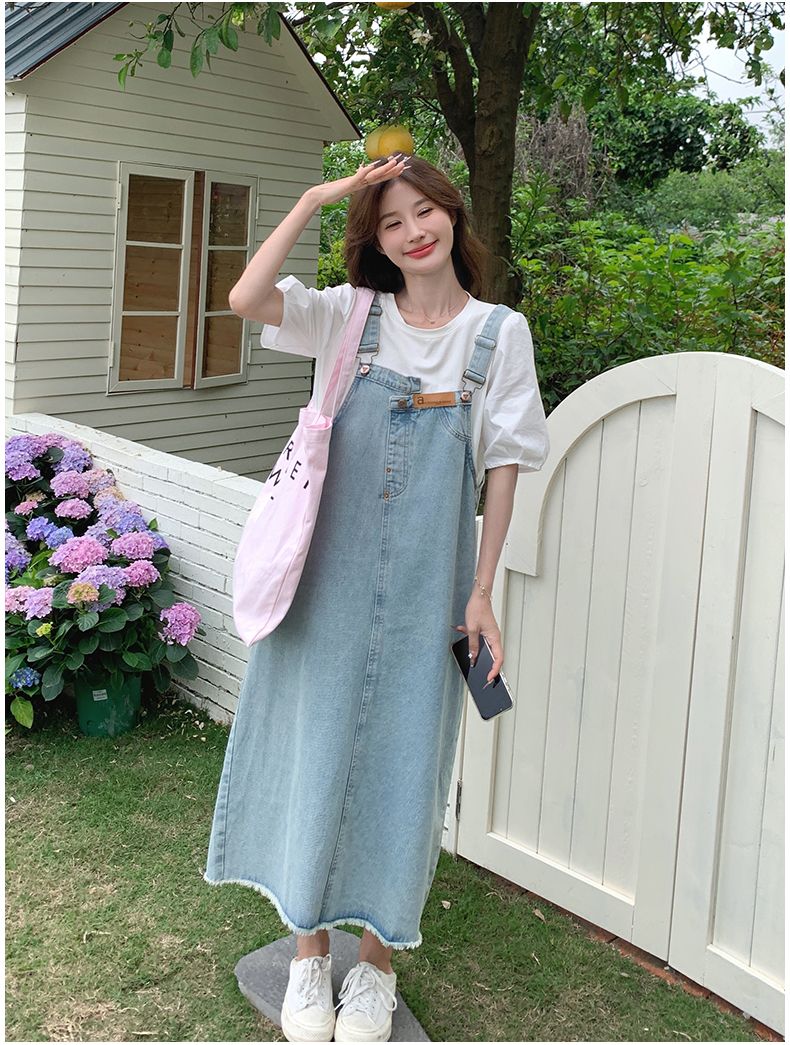 美式復古小眾設計開叉水洗牛仔背帶裙女夏季寬鬆顯瘦中長款連衣裙