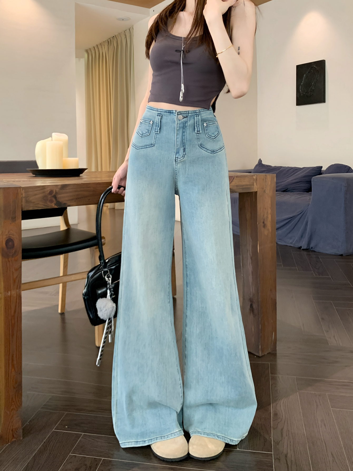 Real shot #high waist straight jeans for women with retro wash waist design wide-leg floor trousers