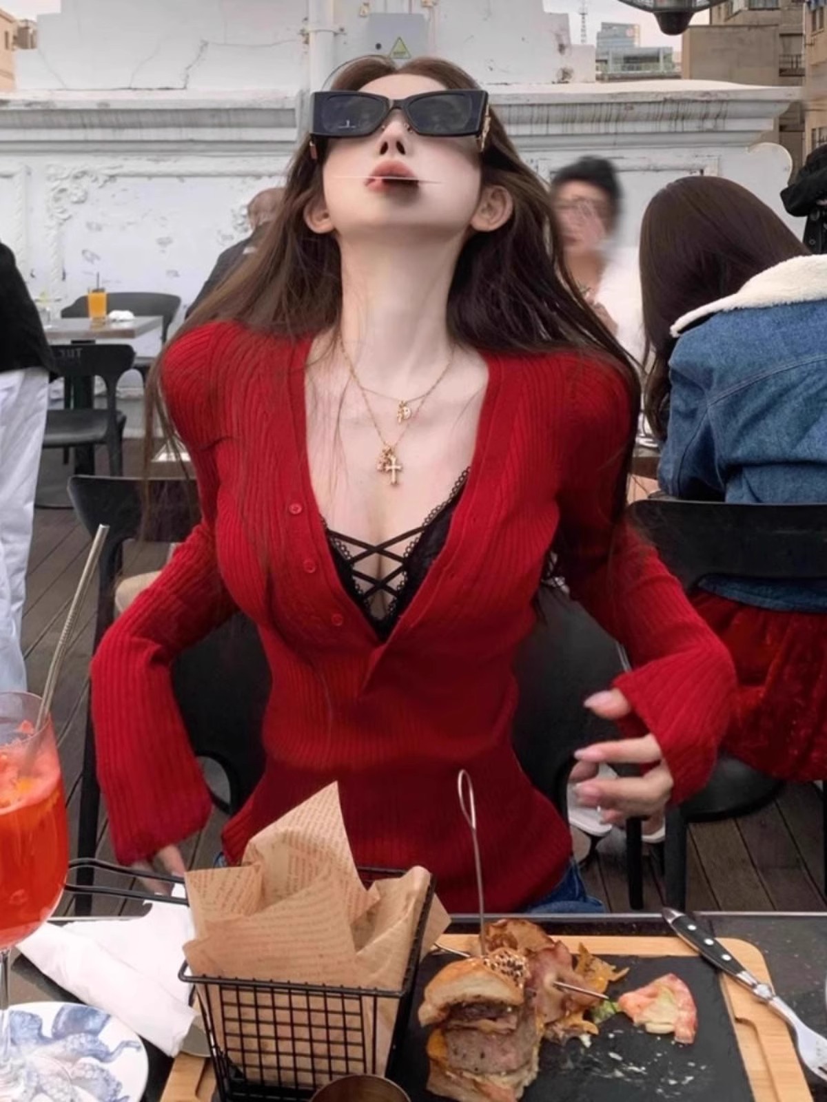 JMSHOP Tiancaidol New Year red V-neck sweater for women with autumn and winter two-wear slim long-sleeved top