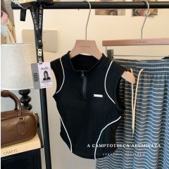 美式辣妹半高領拉鏈背心女士自帶胸墊外穿無袖上衣打底衫