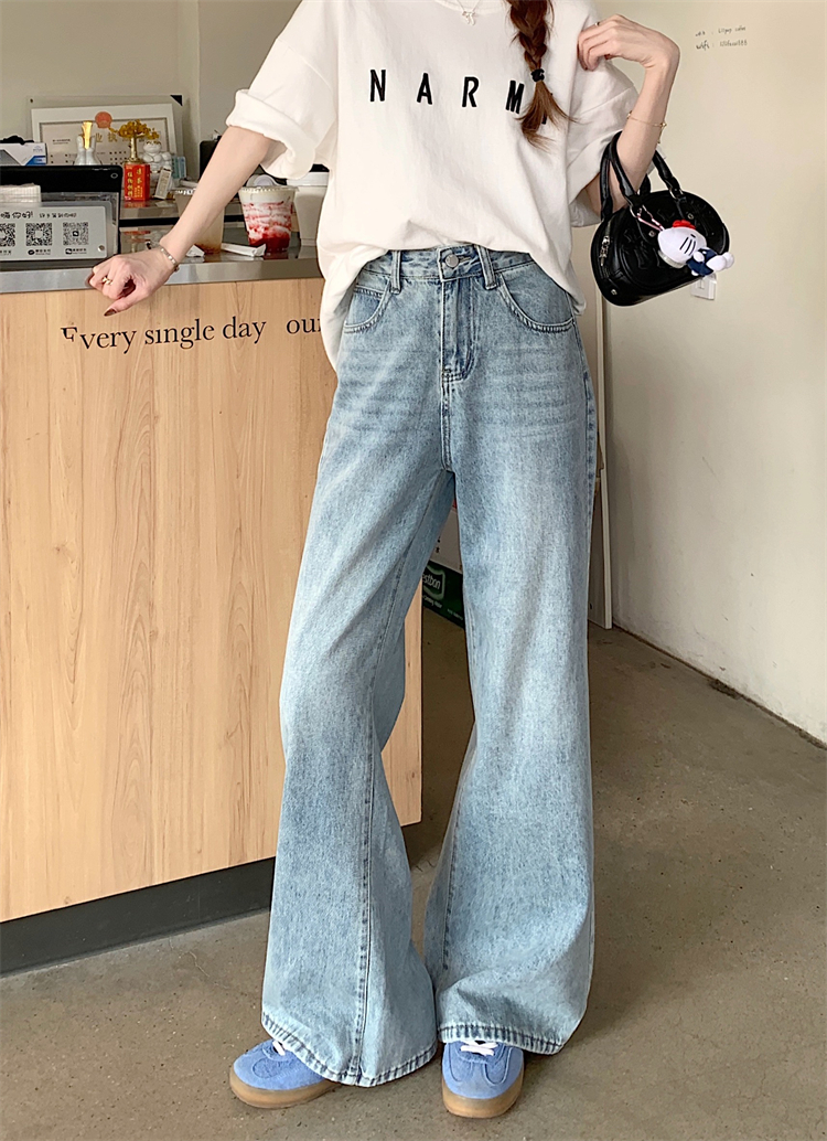 Real photo ~ American retro light blue wide-leg jeans for women's new loose draped straight-leg floor trousers
