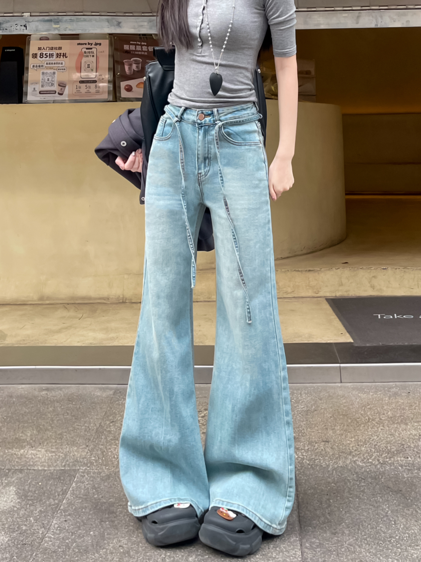 Real shot #Spring new strap jeans women's straight and slightly flared trousers wide-leg floor trousers