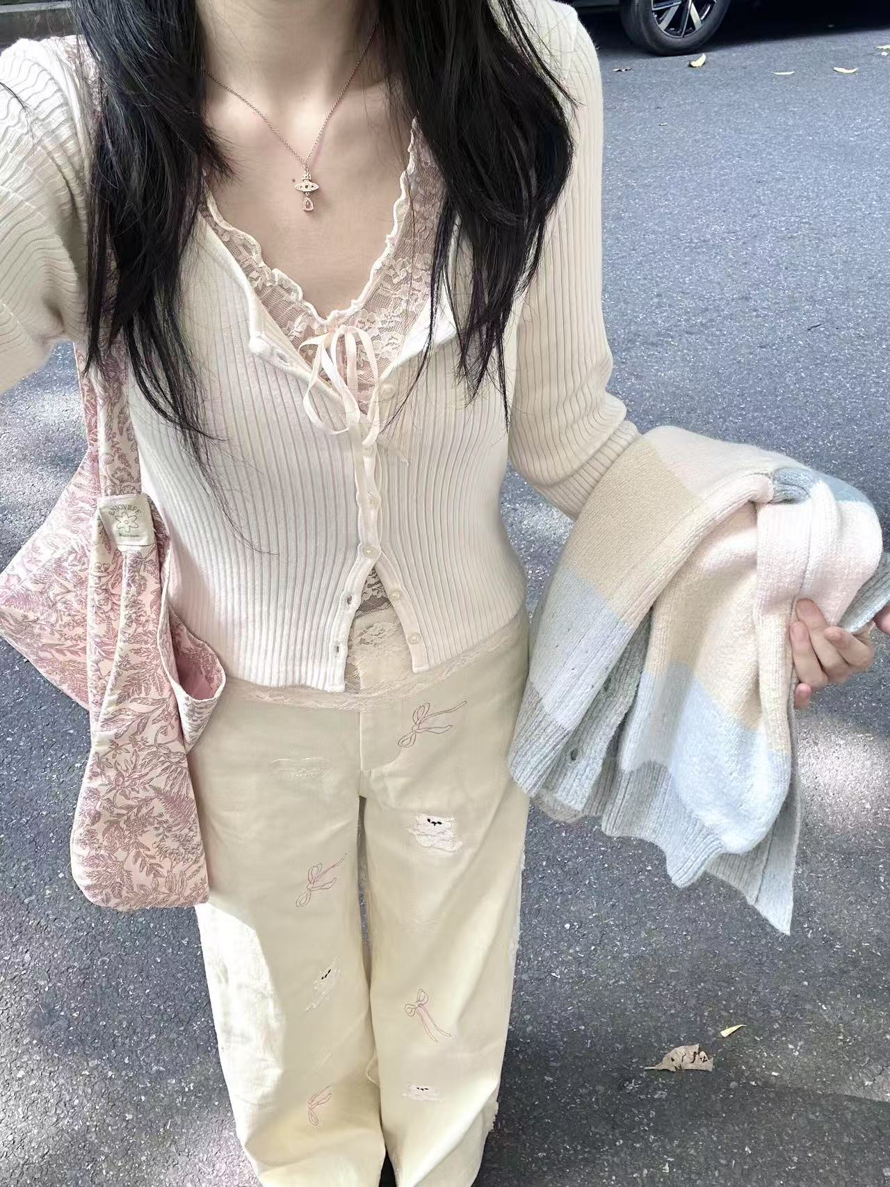 American off-white jeans for women new style of popular bear embroidered lace loose casual pants