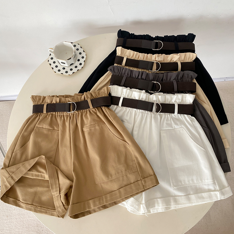Real shot of summer shorts Korean style fashionable simple high waist slim casual wide-leg pants with belt shorts
