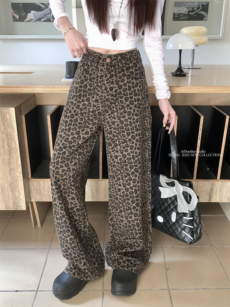 Real shot American-style leopard print jeans for women's new high-waisted slimming wide-leg straight-leg floor trousers