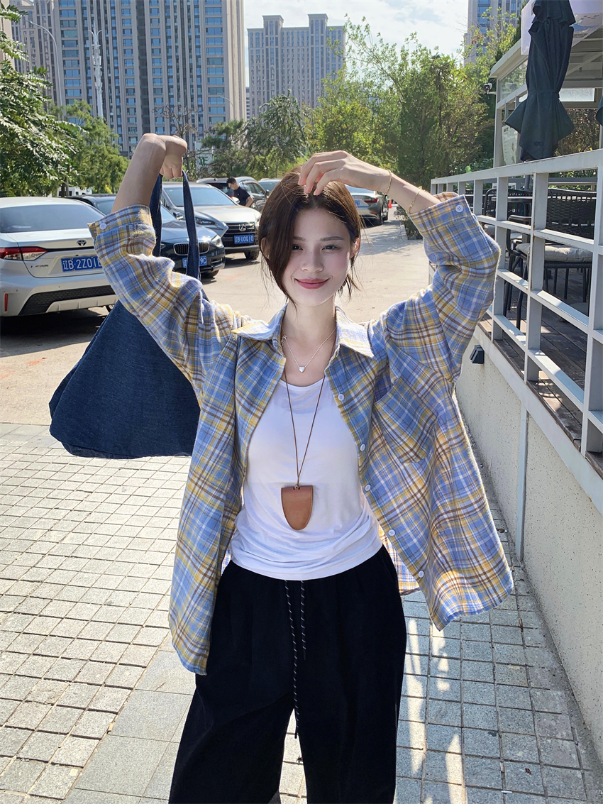 Real photo American retro contrasting yellow and blue plaid design shirt jacket for women's spring new loose top