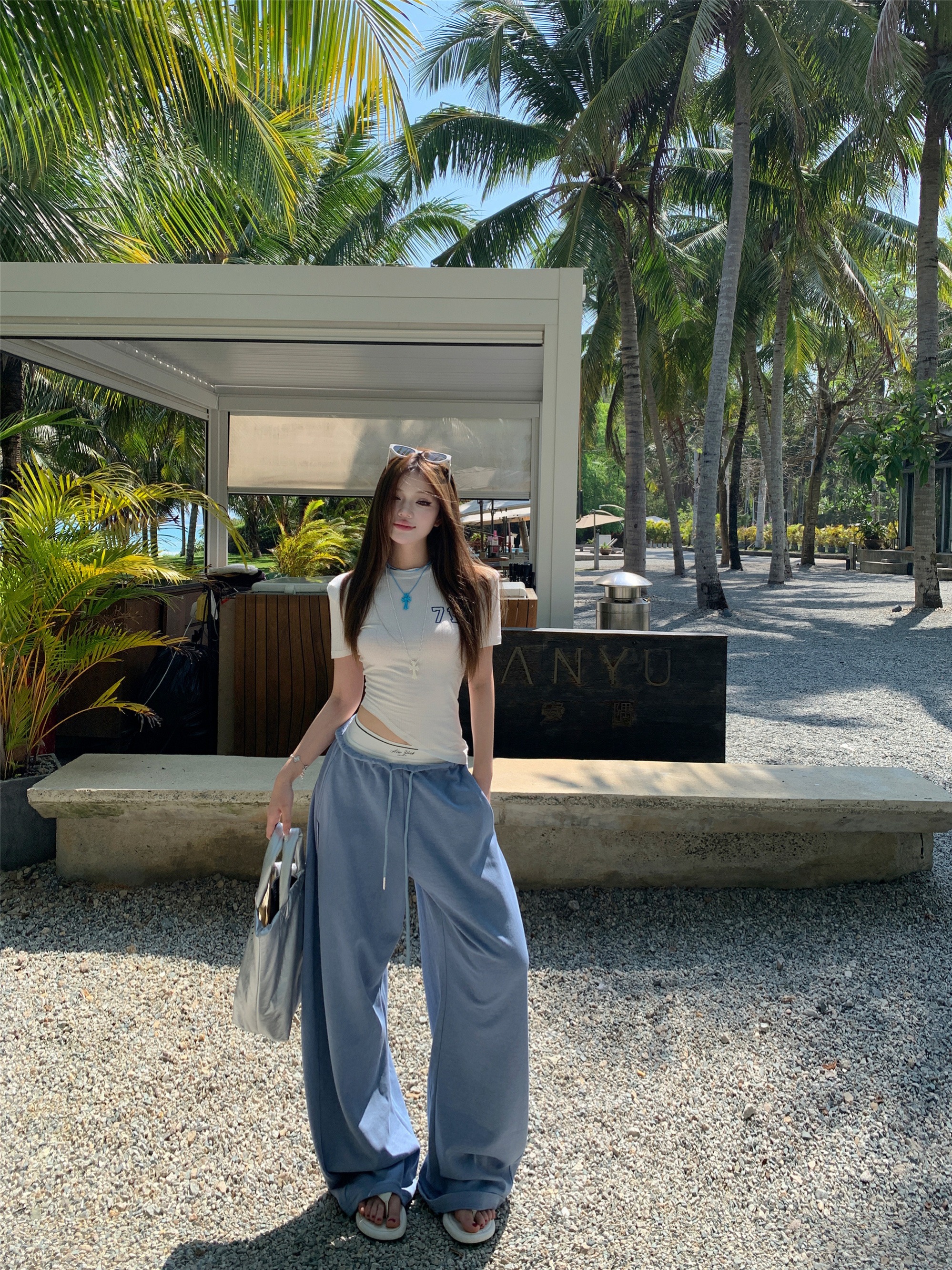 Real shot!  Hot girls fashionable short-sleeved T-shirt sports contrasting color splicing double waist loose casual pants two-piece set