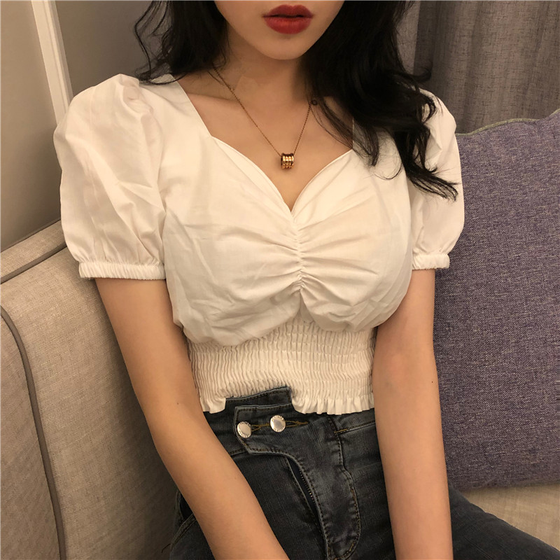 Real shot of retro square collar puff sleeve short shirt