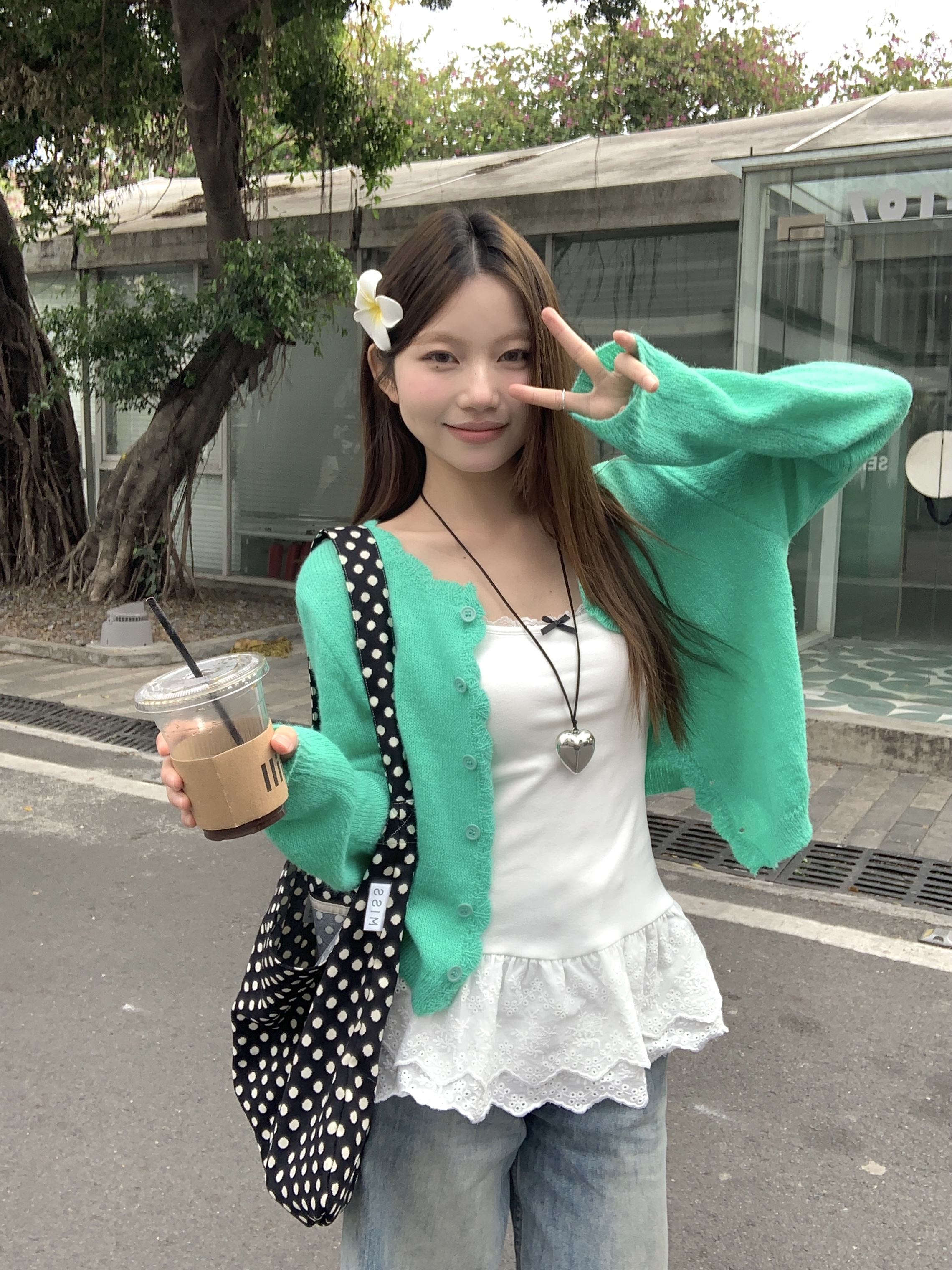 Real photo Korean dopamine loose long-sleeved sweater lace suspender vest spring fashion two-piece set