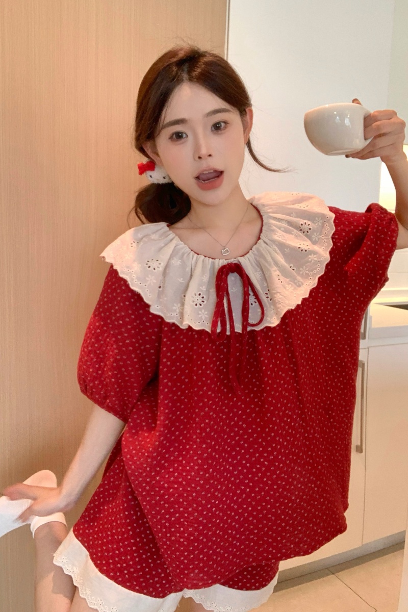 Real shot of Korean version of sweet cotton princess style summer shorts shorts large lapel soft double yarn household clothing