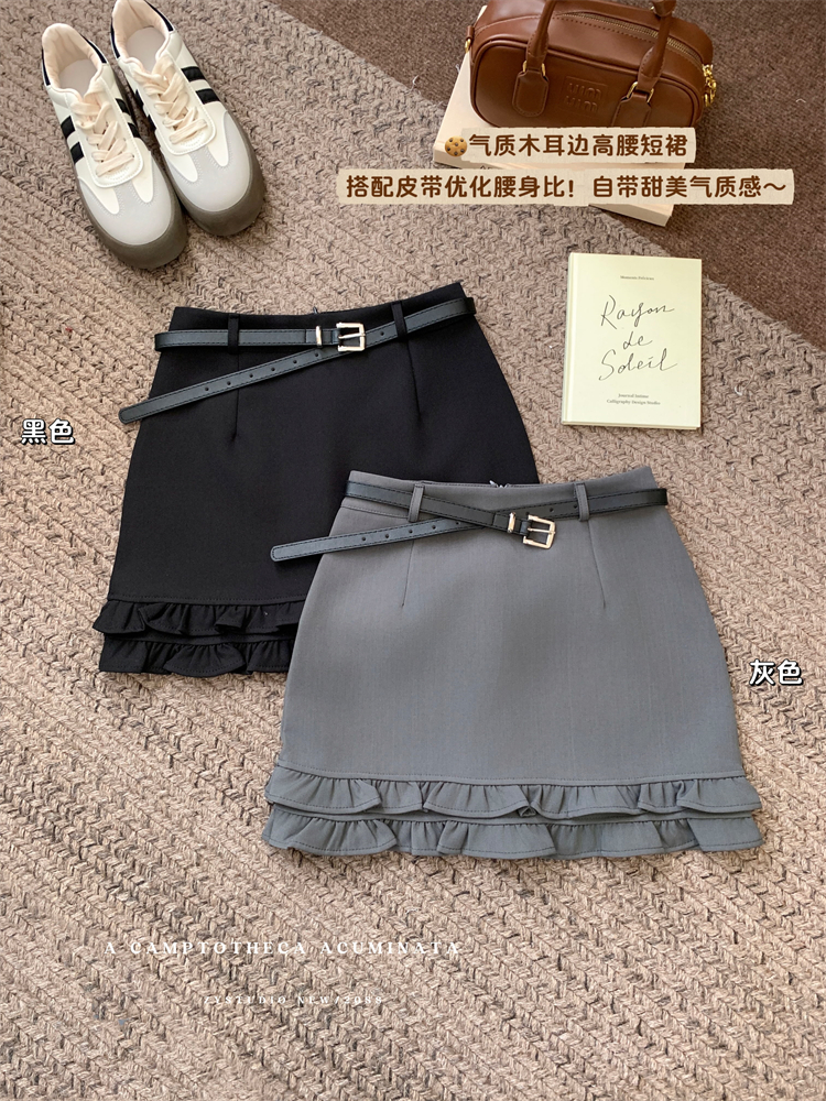 Real shot ~ Spring gray sweet temperament skirt for women with high waist A-line black ear buds A-line short skirt