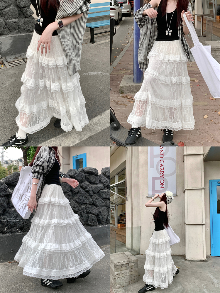 Real shot ballet style design lace lace cake skirt for women new sweet and versatile long skirt