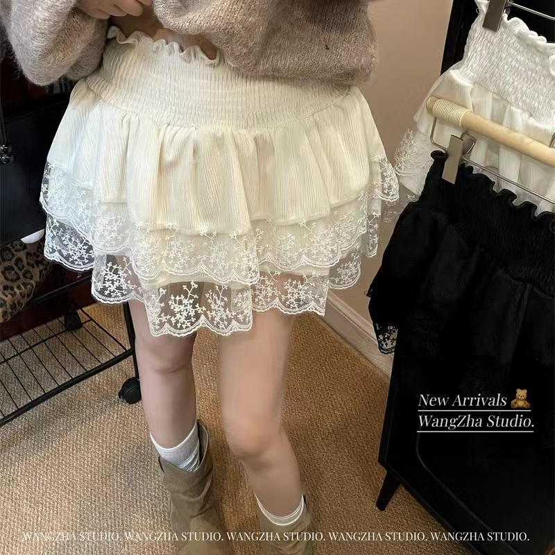 Original version~ Sweet and youthful lace spliced half skirt women's temperament high waist slimming velvet cake short skirt 