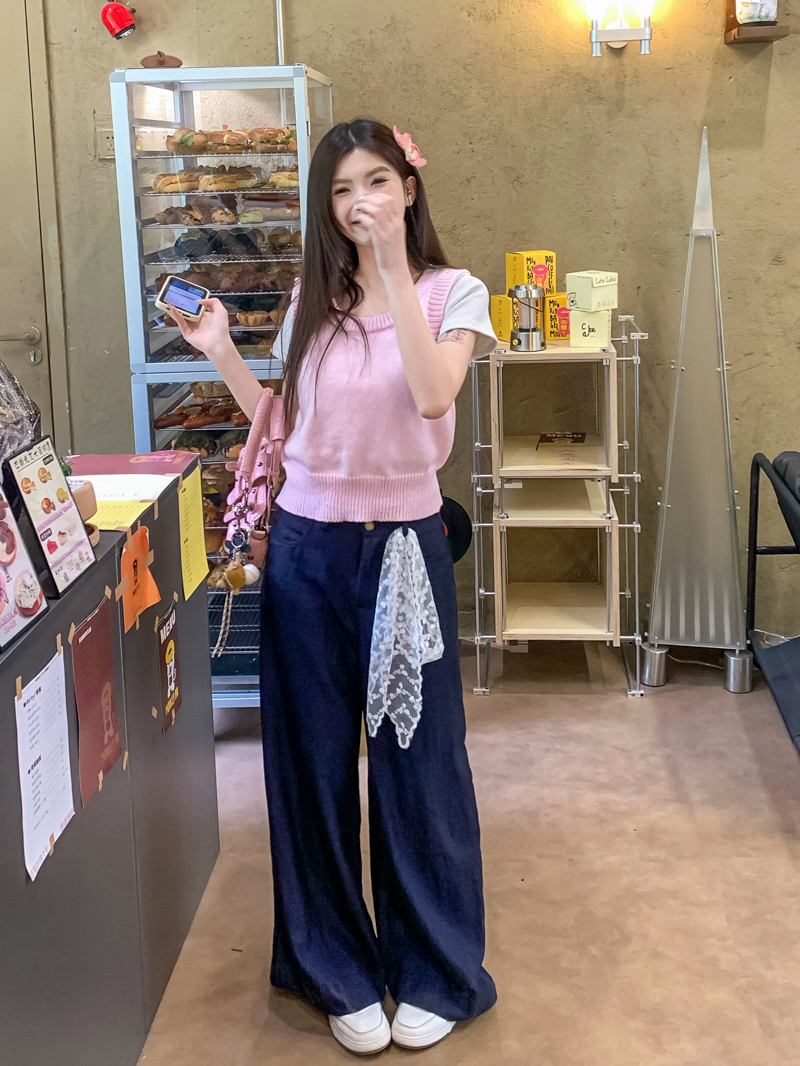 Real shots, layered knitted vest vest + wide-leg pants for women, loose high-waist pants casual pants floor-moving trousers