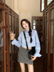 實拍 春季韓chic簡約短款藍色襯衫上衣+半身裙