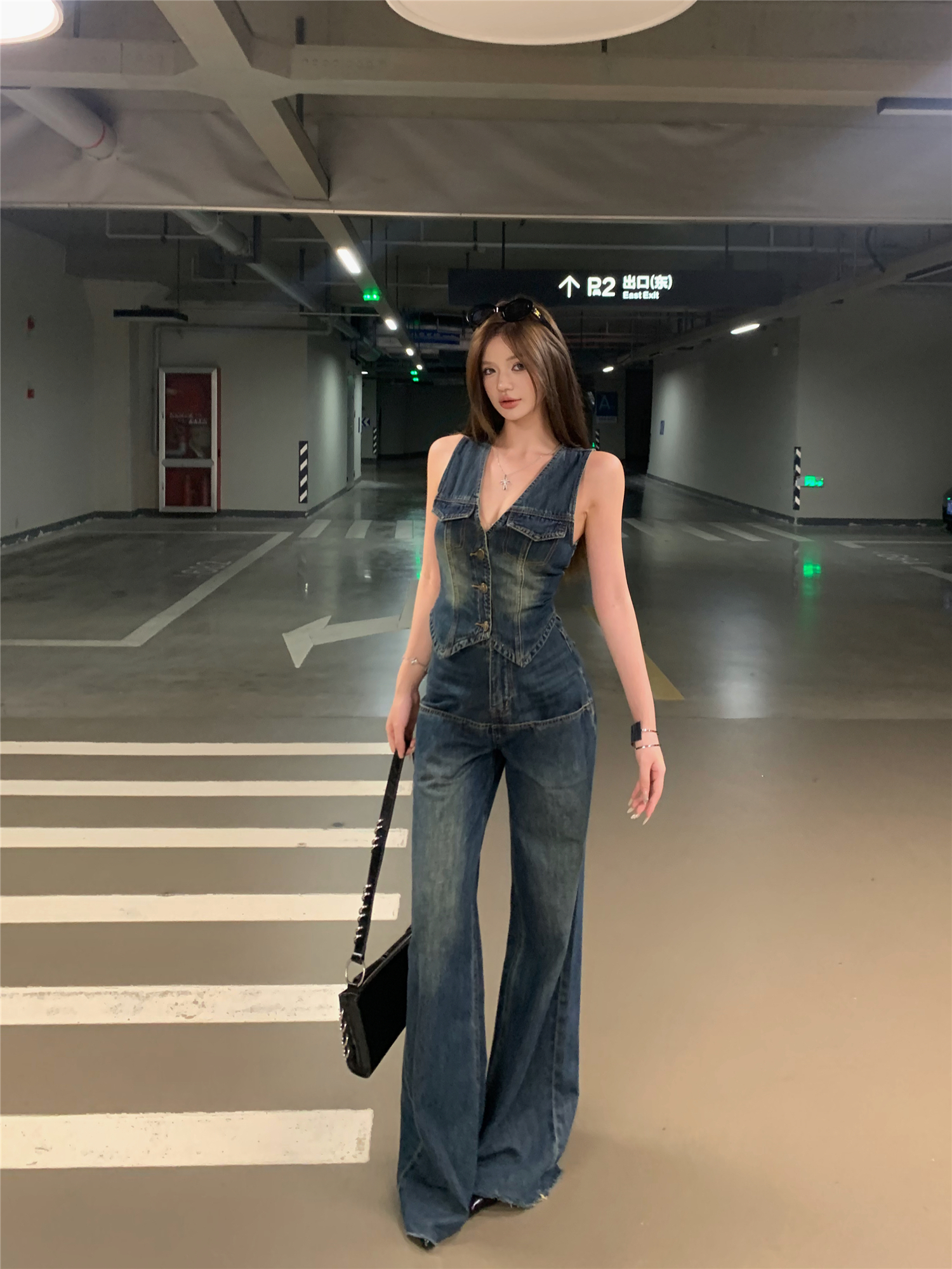 Real shot!  American retro denim vest vest women casual high waist straight wide-leg pants salt-type suit trendy
