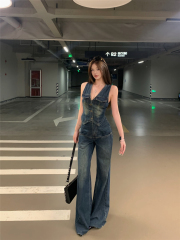 Real shot!  American retro denim vest vest women casual high waist straight wide-leg pants salt-type suit trendy