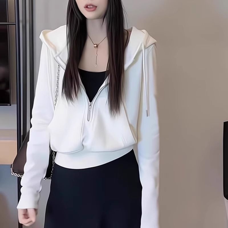 Korean Foreign Trade - Huacan Composite 320g Design Sense Niche Hooded Sweatshirt Coat Women's Spring Outerwear Cardigan 