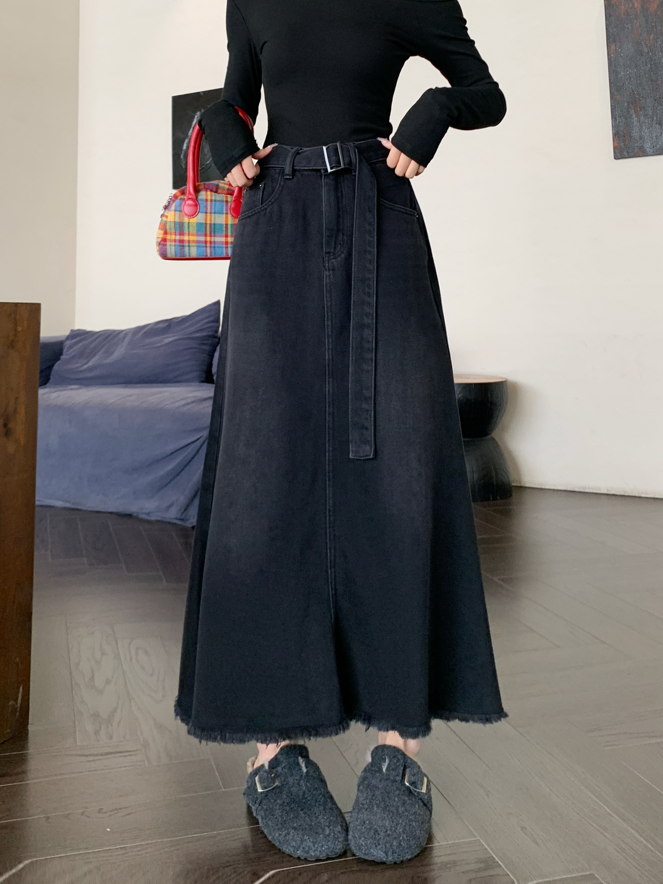 Real shot # high waist denim long skirt for women washing fur edge design sense denim belt a-line hip fish tail skirt