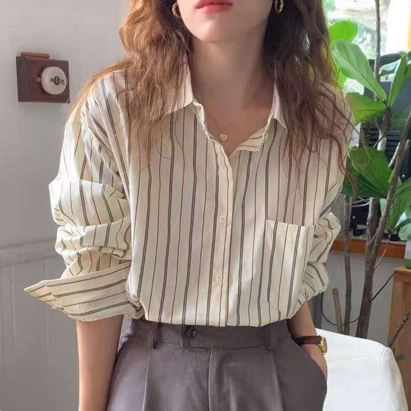Spring new large-size women's retro lapel striped single-breasted loose and versatile long-sleeved shirt M-4XL200 catties