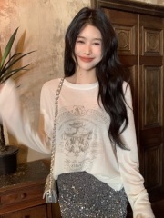 Real shot Korean version loose slim design printed long-sleeved thin sunscreen shirt versatile T-shirt top