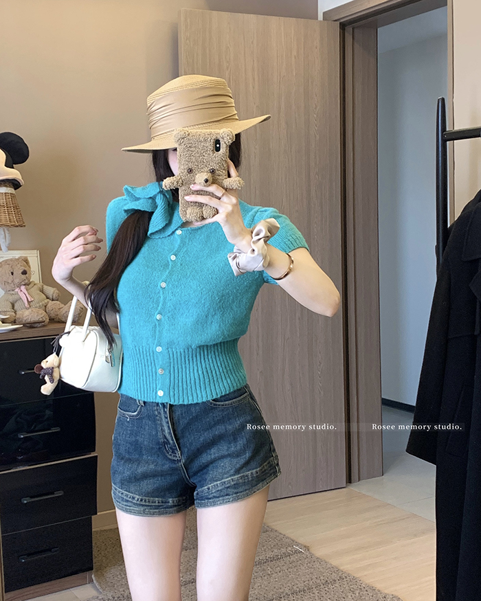 Real shot~ Spring new Korean loose hair ring design is simple and slim and versatile short-sleeved knitted top