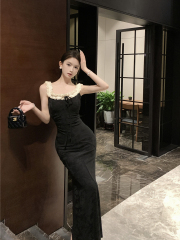 Real shot of retro sexy temperament high-end sense of fungus lace one-shoulder waist-hugging dress for women with suspender long skirt