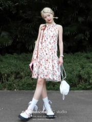 French gentle style floral neck dress for women 2025 summer small person design sleeveless suspender skirt