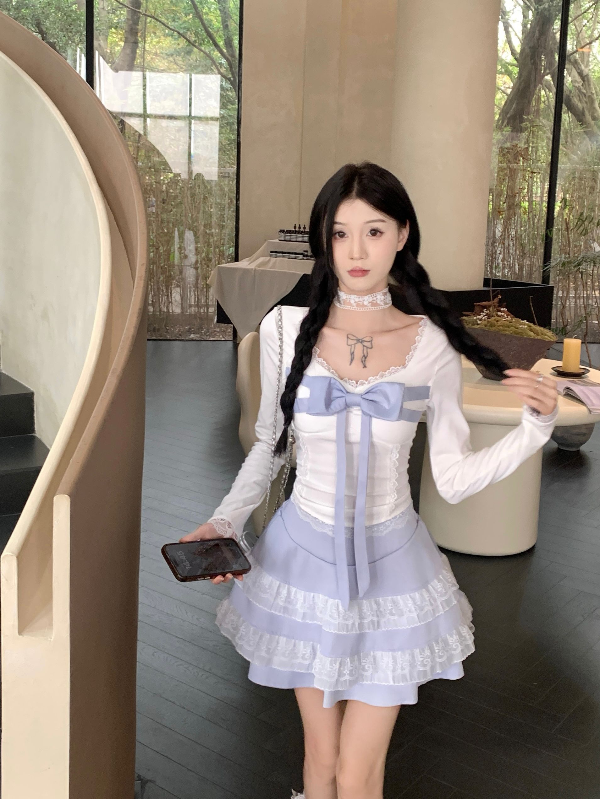 Real shot 2025 new pure ballet style bow tied square collar top for women lace cake skirt set
