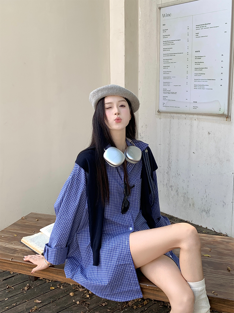 實拍 元氣少女韓chic春夏簡約寬鬆格子襯衫+披肩
