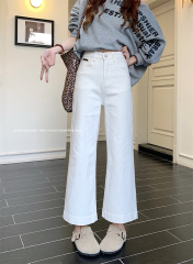 Real shot ~ New elastic straight jeans for women with high waist loose and slim small nine-point wide-leg pants