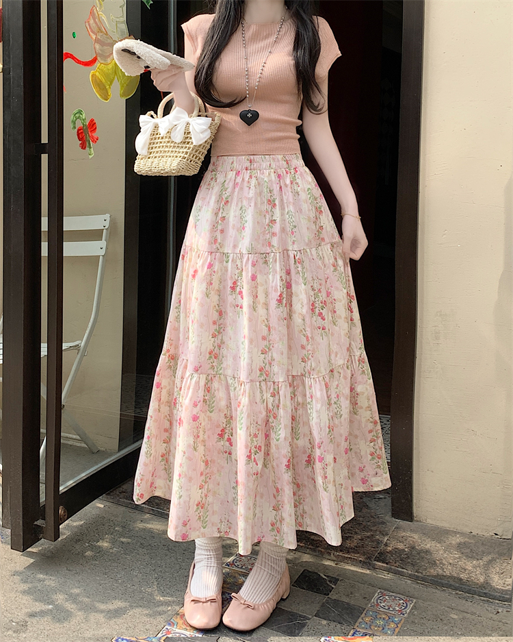 Real shot of elastic waist light pink skirt for women with French temperament gentle and fresh mid-length floral skirt