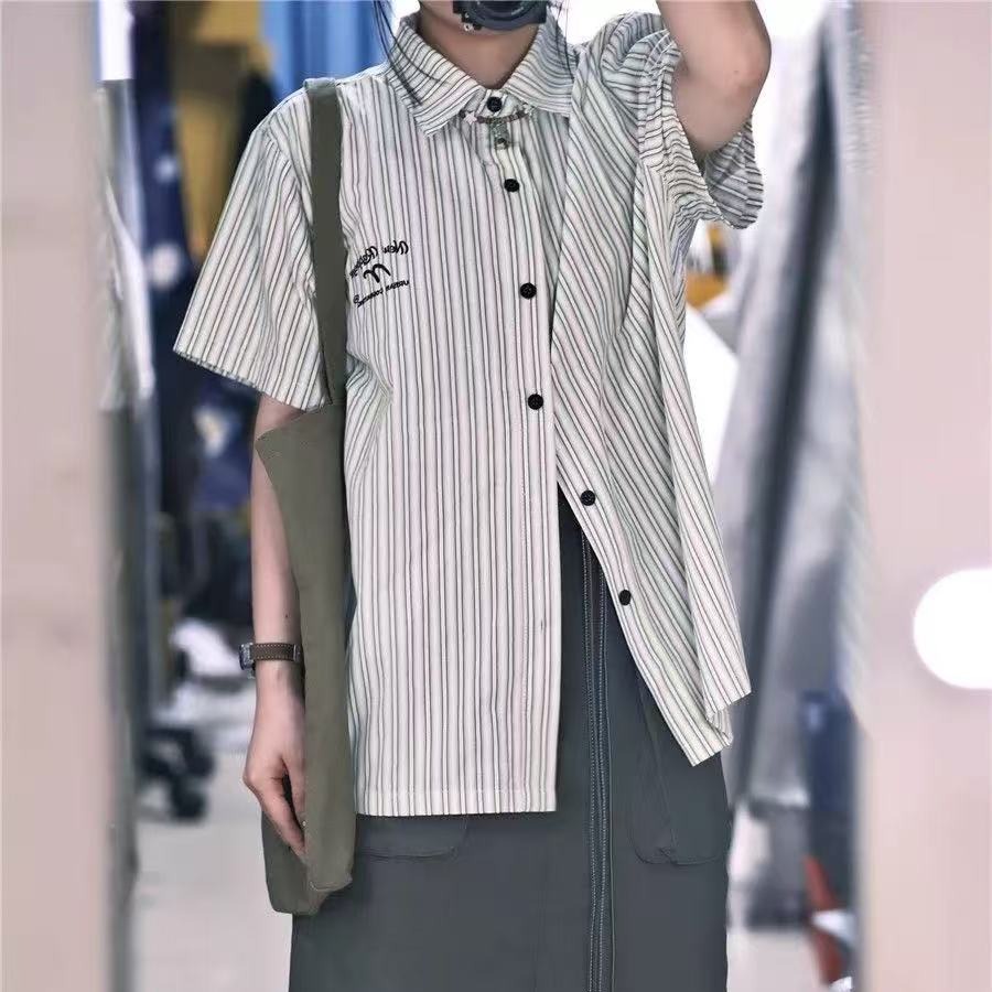 Vertical striped short-sleeved shirt for women summer design niche embroidered letters loose student versatile retro Hong Kong style top