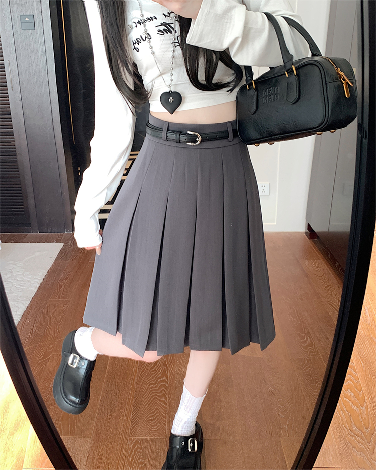 Real shot ~ Spring and summer new American gray pleated skirt for women with high waist slim A-line cross-cover skirt