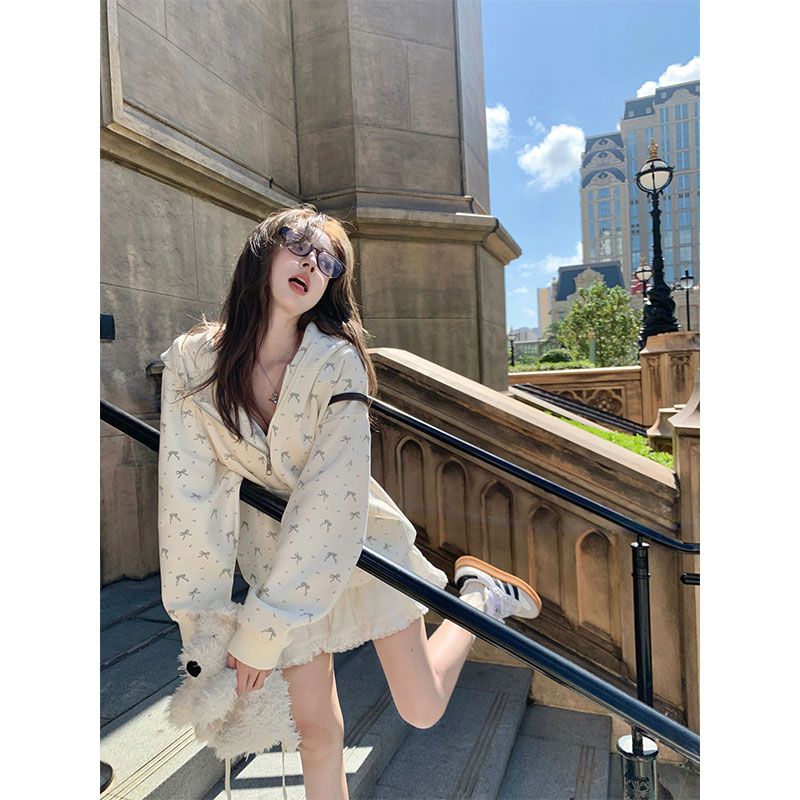 Original double hat American retro bow hooded sweatshirt women's new autumn lazy cardigan jacket