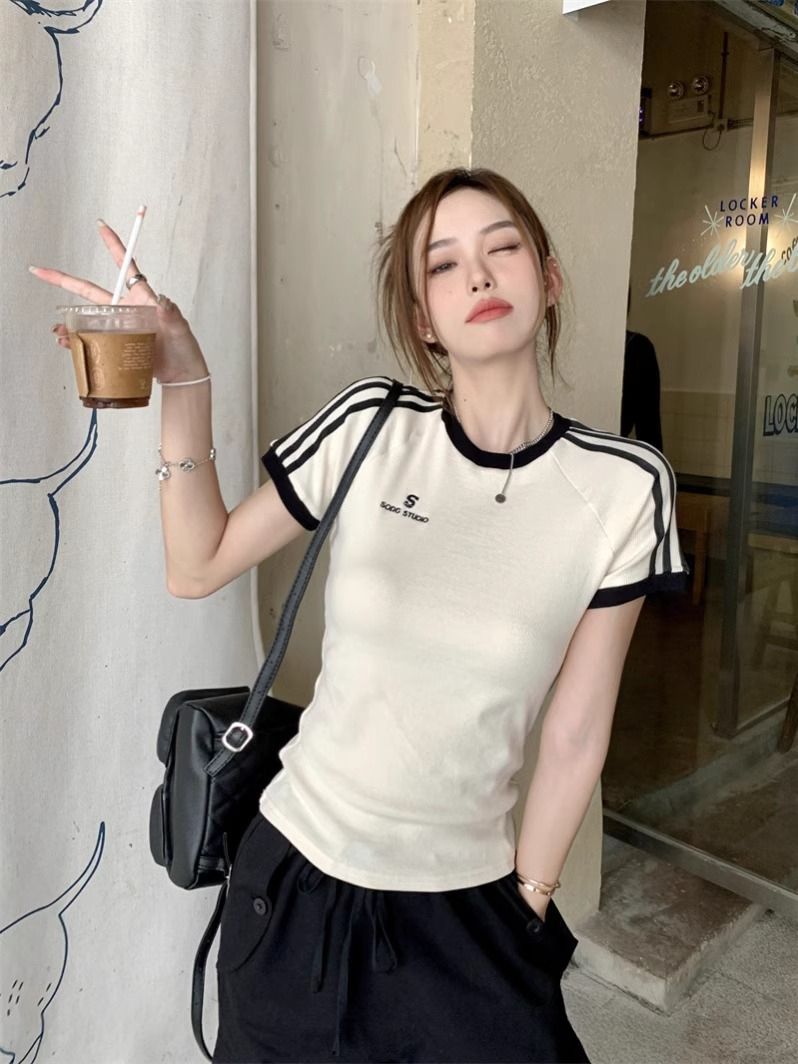 40支純棉螺紋小眾插肩條紋拼接短袖T恤女夏辣妹短款修身顯瘦上衣