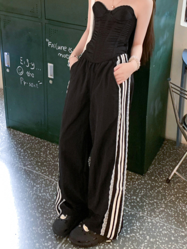 Real shot of side striped wide-leg pants for women, draped loose high-waist pants 2025 casual pants floor trousers