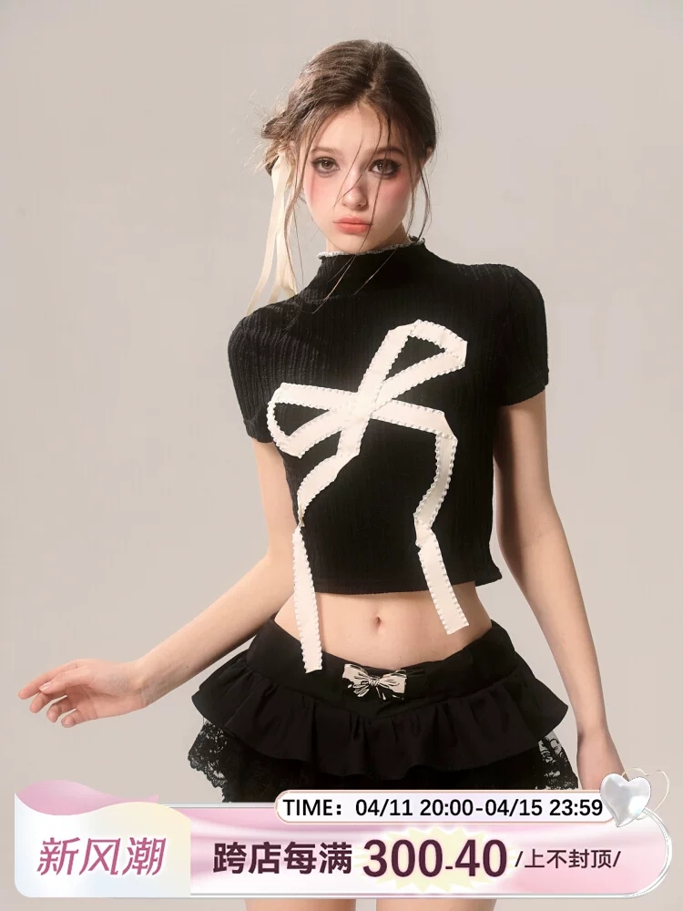 Shaoye eye contrast doll bow American sweet and spicy small turtleneck short sleeve T-shirt spring and summer knitted short top for women