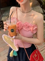 立體花朵吊帶背心女夏辣妹短款上衣