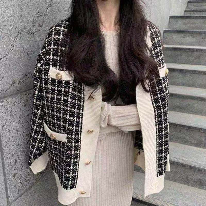名媛風小香毛衣外套女寬鬆慵懶風2025秋裝新款中長款格子針織開衫