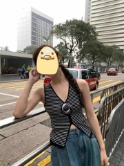 夏款古着vintage條紋吊帶背心開叉內搭無袖上衣女