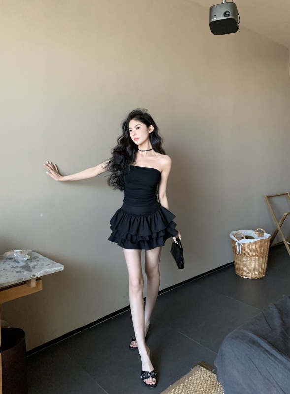 Real shot, pure slim and elastic lace belt, chest pad, strap breast, high waist, slim skirt, fluffy skirt