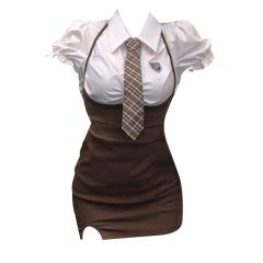 College style women's puff sleeve summer suspender dress temperament sweet and spicy fake two-piece skirt