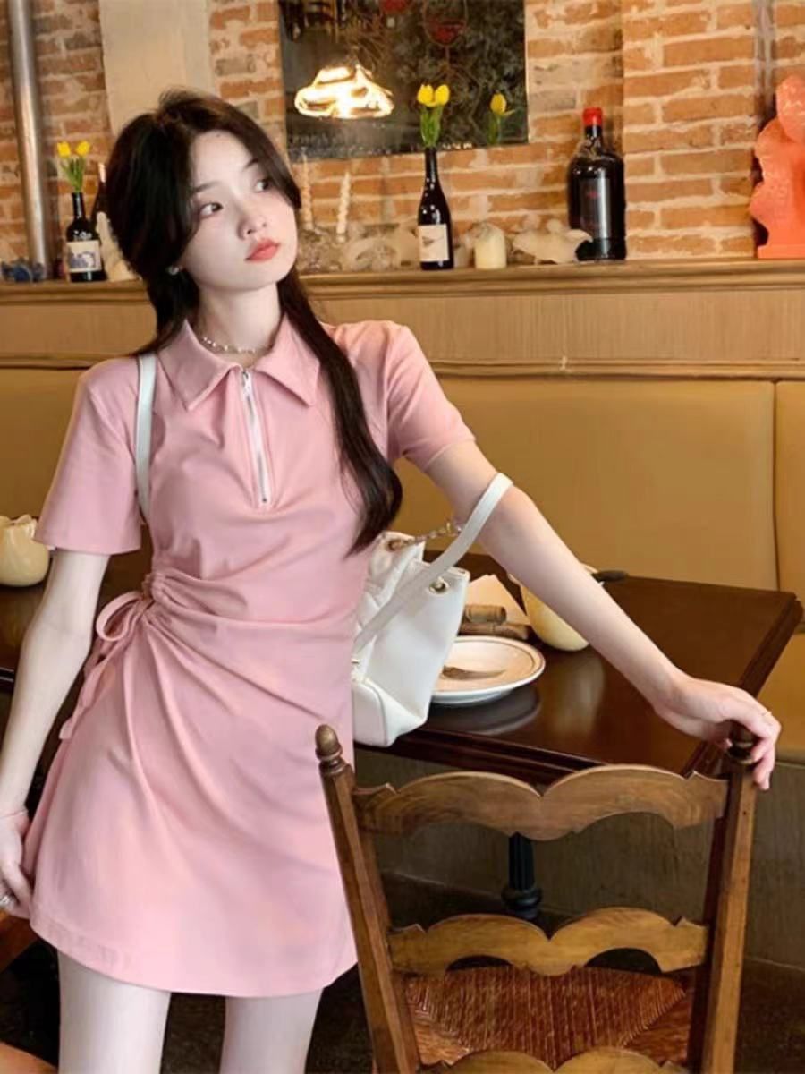 Pink sports skirt Polo collar dress Summer drawstring waist slimming A-line short skirt French pure style