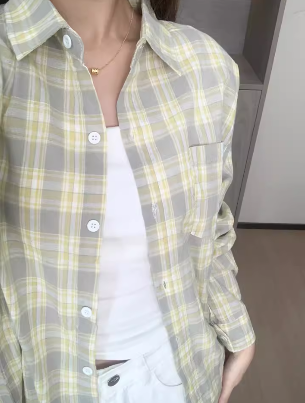 Retro contrasting plaid shirt top for women 2025 new women summer mid-length loose sunscreen shirt jacket