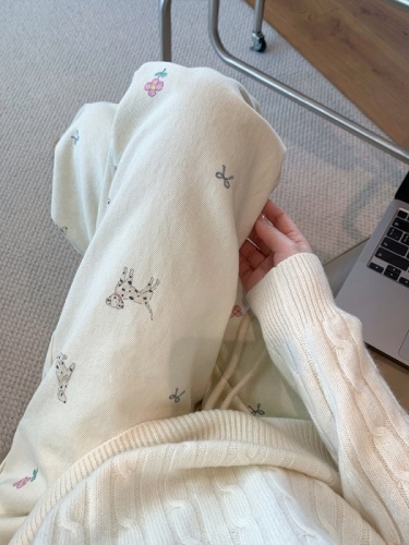Three-dimensional waist #2025 spring new lace spliced ​​puppy print straight-tune casual pants wide-leg pants